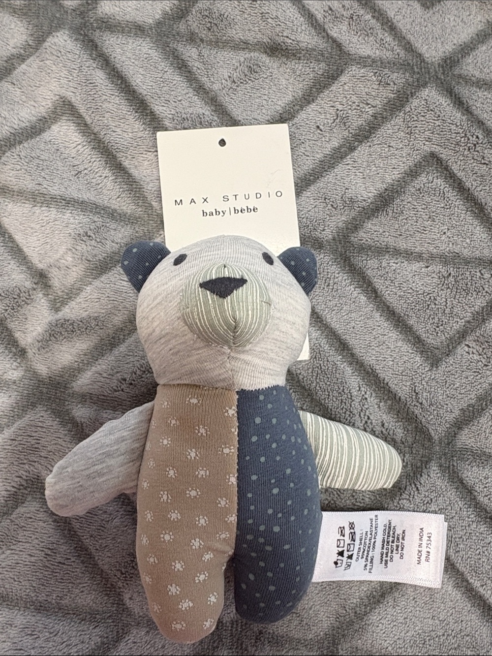 Max Studio Baby Patchwork Bear Plush in Beige, Blue, Cream